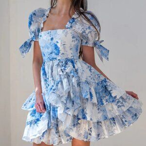 Fanciful Doll My Fair Lady Liaisons Blue Floral Tiered Ruffle Mini Dress